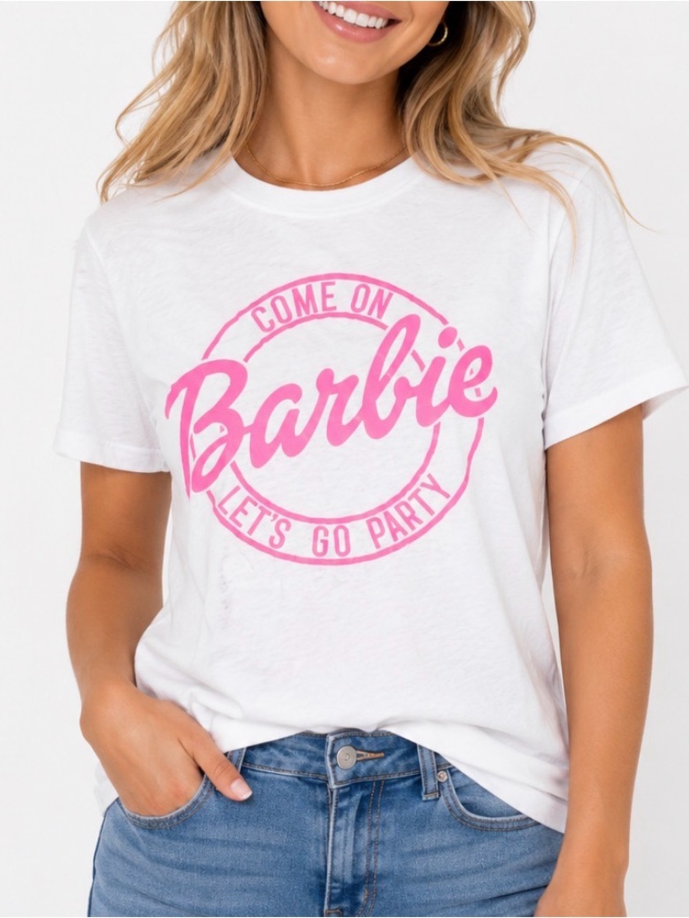 Canvas Barbie White Tee with Neon Pink Logo "Come On Barbie" SZ LG